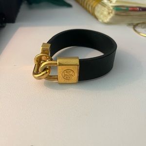 Tory Burch Black leather bracelet with gold clasp